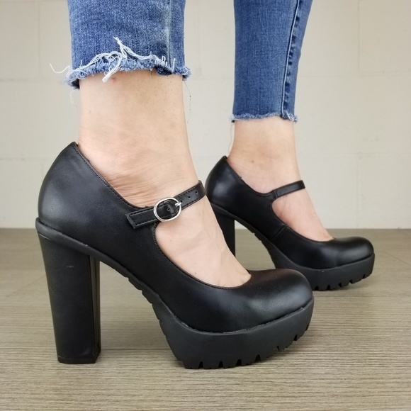 Rockabilly Chunky Platform Heels Faux Leather - Picture 7 of 8